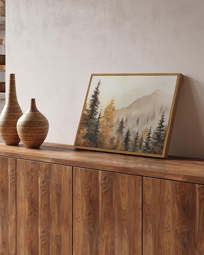 InSimSea Framed Canvas Wall Art Vintage Decor, Fall Trees Forest Wall Decor for Living Room Bedroom Office, Rustic Autumn Landscape Mountains Prints, Home Desk Decorations, 12x16inch