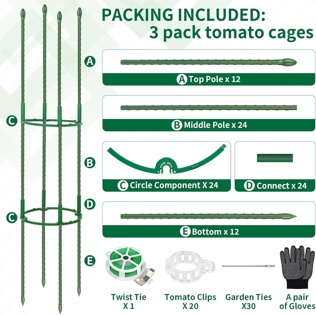 3 Pack 48" Round Tomato Cages for Garden, Plastic Coated Steel Pipe Heavy Duty Adjustable Tomato Stakes Trellis Plant Cages for Vegetable, Fruit, Flower, Rose Vine Climbing Plants (3Pack)