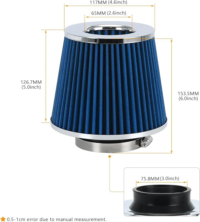 PTNHZ Universal Blue 3" 76mm High Flow Cold Air Intake Cone Air Filter Power Intake Air Inlet System Air Cleaner