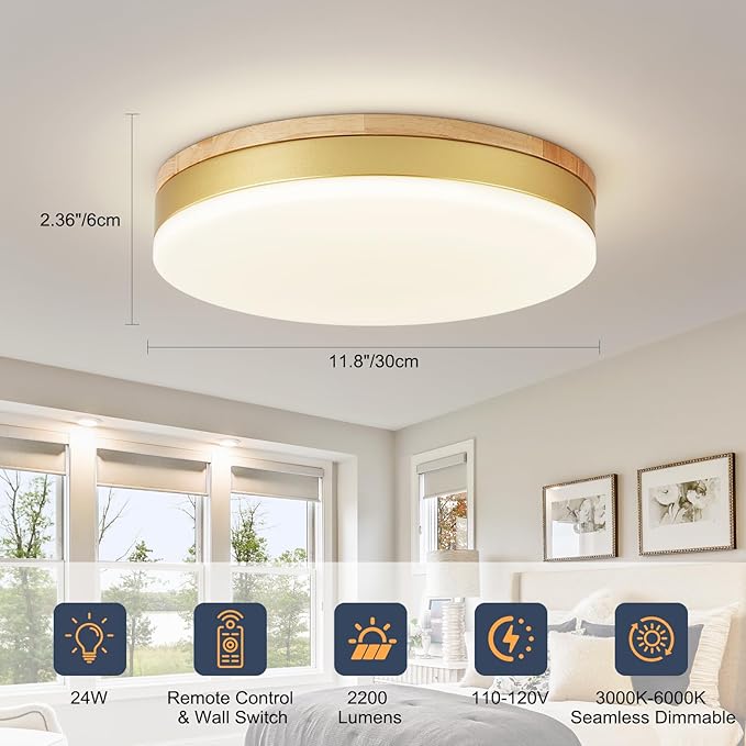 Modern Dimmable Gold Ceiling Light with Remote, 11.8in Flush Mount Ceiling Light, 24W 3000K-6000K Light Color Adjustable, 2200LM Round Ceiling Lamp Fixtures for Bedroom, Living Room, Hallway