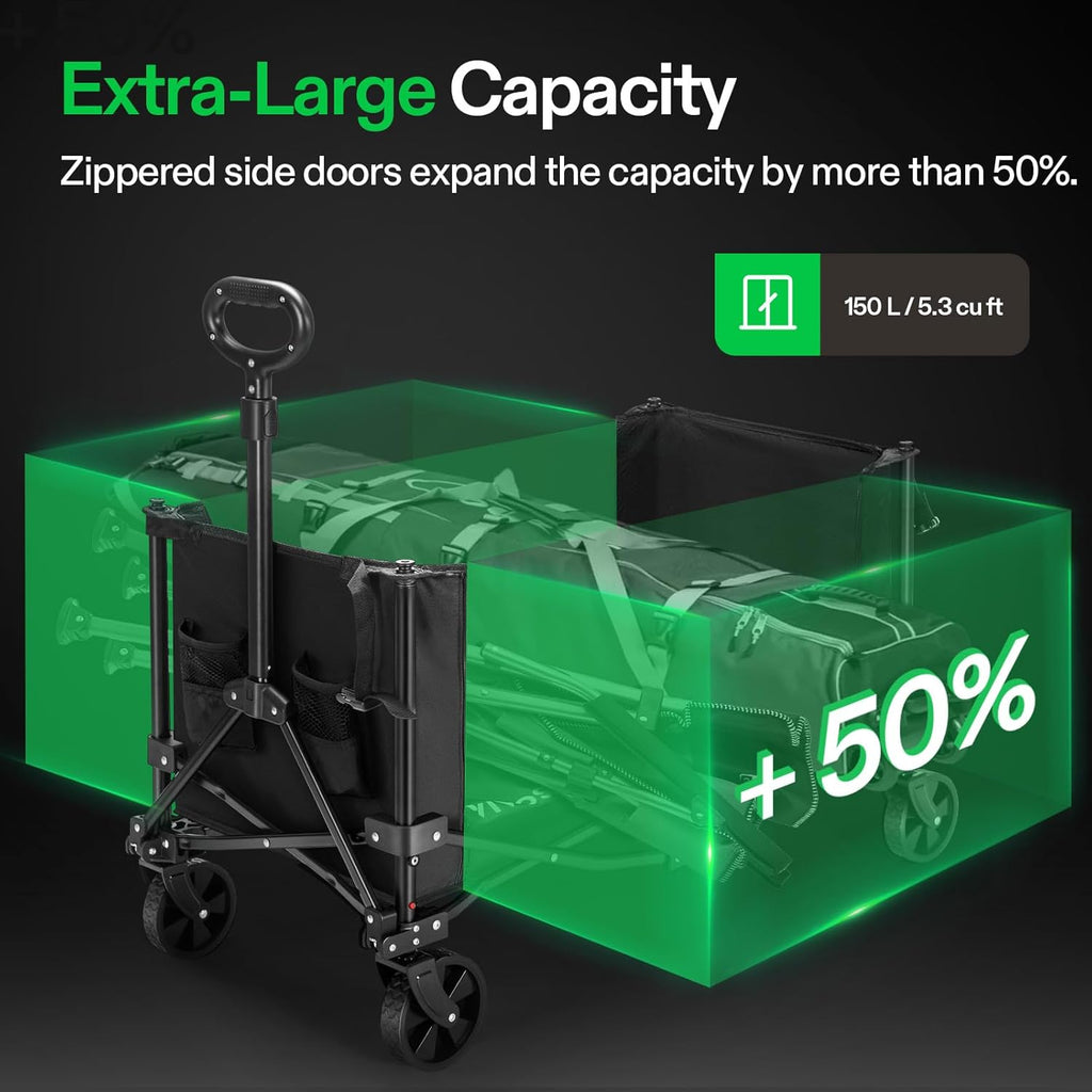 VIVOSUN Collapsible Wagon with Side Gates, 220lb Load-Bearing Outdoor Utility with All-Terrain Wheels, Adjustable Handle, Cup Holders for Camping, Shopping, Garden, Sports, Picnic, Black