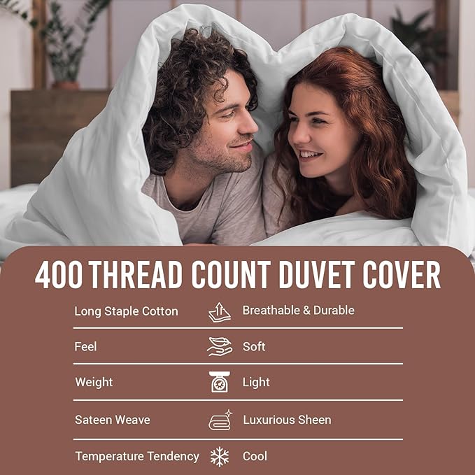 Pizuna Pure 100% Cotton King Duvet Cover with Shams, Luxurious 400 Thread Count Long Staple Cotton Sateen Weave with Hidden Button Closure (Combed White Cotton Duvet Covers King)