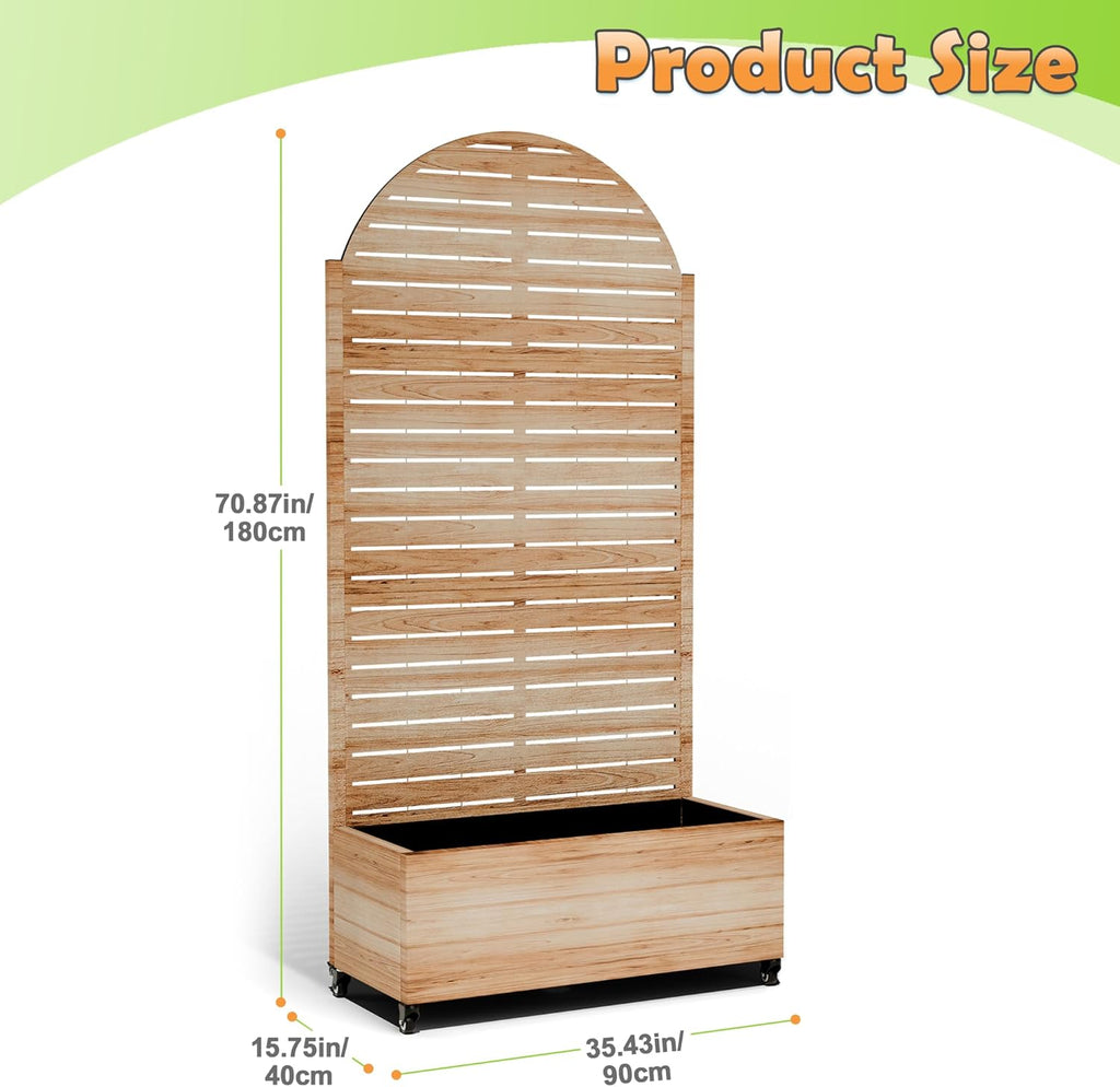Metal Raised Garden Bed with Trellis, 2-in-1 Planter Box & Privacy Screen for Climbing Plants, Outdoor Standing Flower Bed with Drainage Holes, 35.4" L x 15.7" W x 70.1" H, Acacia Wood Grain-Louvered