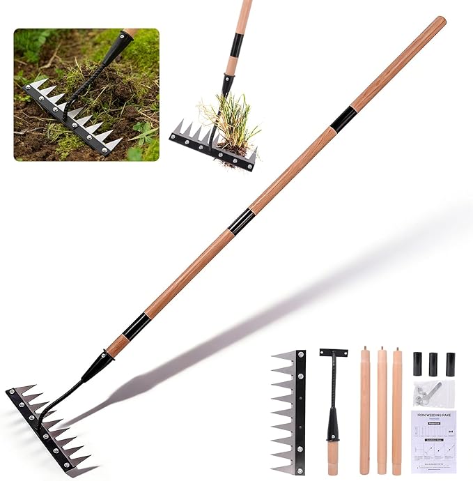 Gardenia Iron Weeding Rake with Handle 3.0,Heavy Duty Iron Rake for Gardening and Weeding,2026 Upgraded 9-Tine Garden Weed Puller Tool, Garden Weed Rake Tool for Removing Weeds,Soil Aeration (9 Teeth)