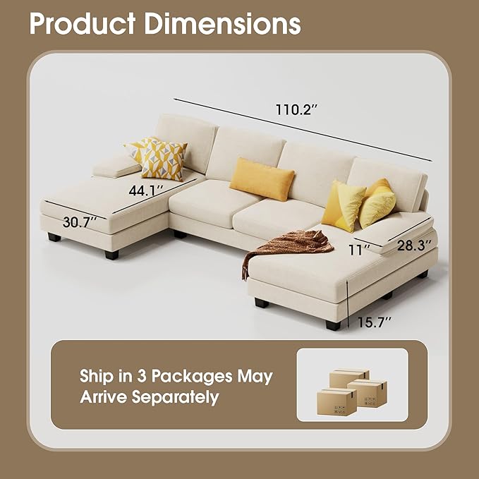 Furmax Sectional Couches for Living Room, U-Shaped Sofa Couch with Linen Fabric, 4 Seat Sofa Set with Double Chaise for Apartment (Fabric, White)