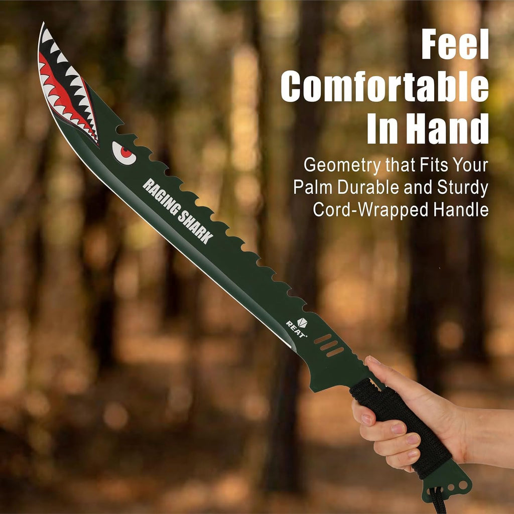 REAT Machete with Sheath, 25.5" Full Tang 420 Stainless Steel Blade with Raging Shark Green Coating,Non-silp Cord-Wrapped Handle for Yard Work, Cutting Trees,Camping