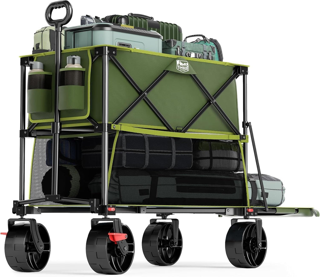 TIMBER RIDGE 400L Large Capacity Folding Double Decker Wagon with Brakes, 54" Extra Long Extender Wagon Cart, 450lbs Heavy Duty Collapsible Cart, All-Terrain Big Wheels for Camping, Sports, Shopping