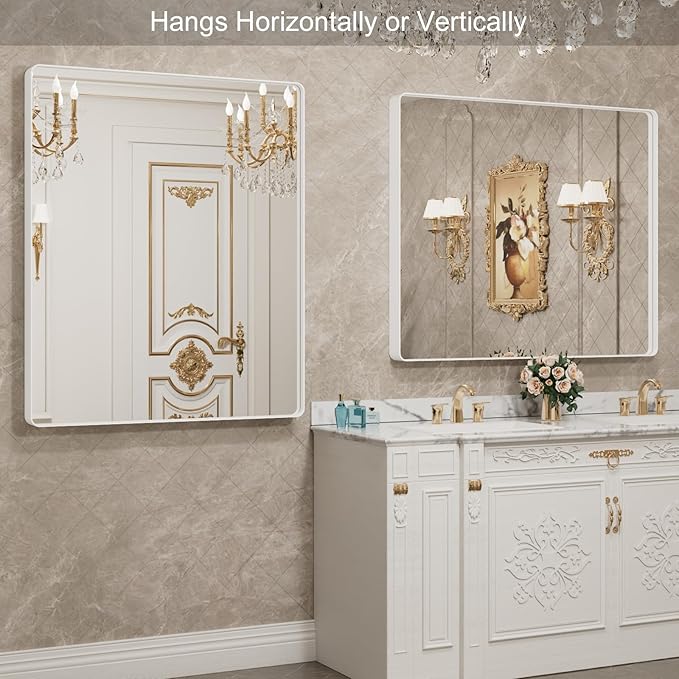 LOAAO 48x40 Inch White Metal Framed Bathroom Mirror for Wall, Large Rounded Rectangle Mirror, Anti-Rust, Tempered Glass, Hangs Horizontally or Vertically