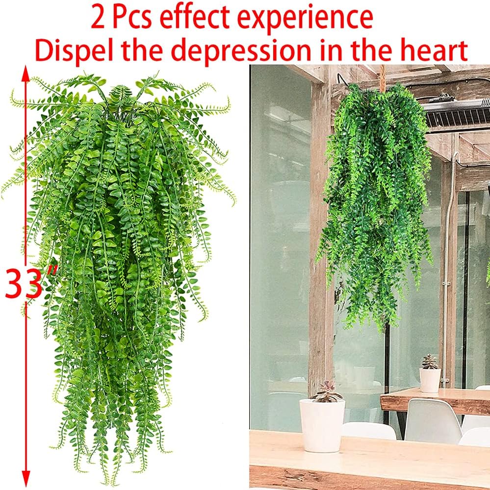 CLONG 2 pcs Artificial Hanging Ferns Plants Vine Fake Ivy Boston Fern Hanging Plant Outdoor UV Resistant Plastic Plants (2, Green)