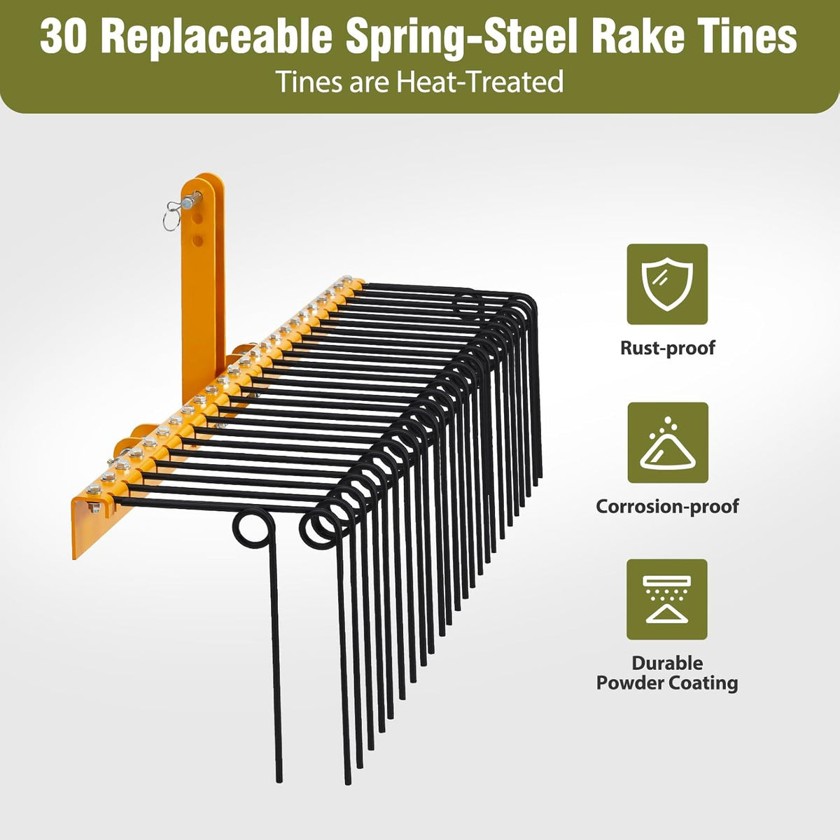 GAOMON Pine Straw Rake 72 Inch , 30 Coil Spring Tines Durable Powder Coated Steel Tow Behind Landscape Rake with 3 Point Hitch Receiver Attachment Fit to Cat0 Cat 1 Tractors for Leaves Grass