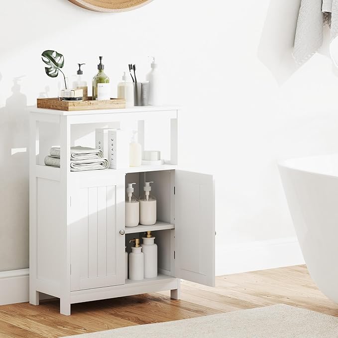 Tangkula Bathroom Storage Cabinet, Freestanding Floor Organizer with 2 Doors & 1 Adjustable Shelf, Modern Home Bathroom Furniture for Living Room Entryway Kitchen (Cabinet, White)