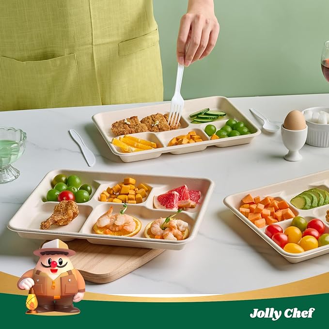JOLLY CHEF Compostable 𝟱 Compartment Paper Plates 𝟭𝟭 * 𝟴 𝗶𝗻𝗰𝗵 [𝟱𝟬𝟬 𝗣𝗮𝗰𝗸] Heavy Duty Natural Divided Disposable Eco-Friendly Biodegradable Containers Food Trays for Dinner Lunch Buffet