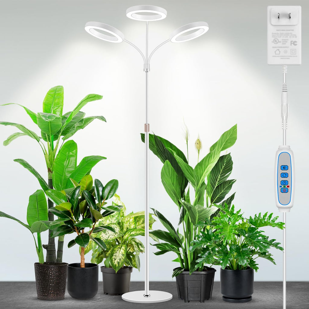 Garpsen Floor Plant Light, Full Spectrum 252 LEDs Grow Light for Indoor Plants with Base, 3 Color Modes & 5 Dimmable, Timer 6/12/16H Grow Lamp with 67''Height Adjustable, 3-Head-White
