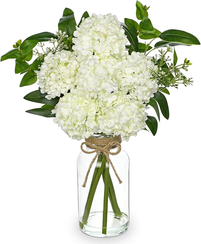 Hollyone White Hydrangea Artificial Flowers in Clear Glass Vase with Faux Water Silk Hydrangeas Fake Flowers Floral Arrangement for Home Bathroom Kitchen Office Table Centerpiece Shelf Decorations