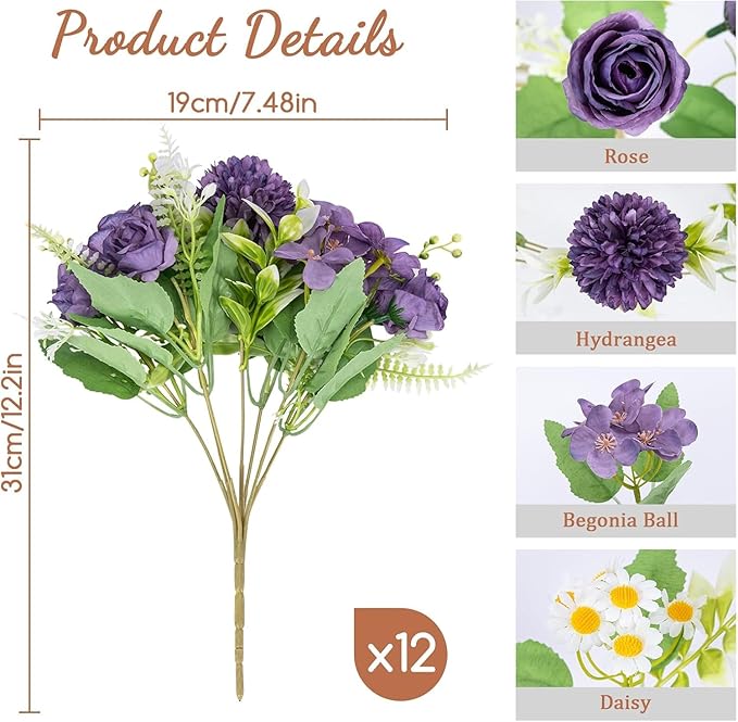 12 Packs Peonies Artificial Flowers,Silk Artificial Peonies Flowers Fake Peony Faux Floral Arrangements Bouquet for Centerpiece Table Wedding Party Home Decor Purple