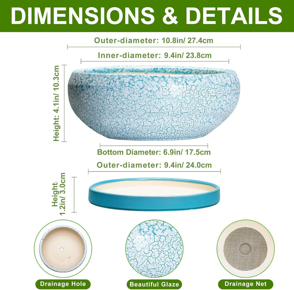Bonsai Pots 10 Inch - Shallow Ceramic Planters for Indoor Outdoor, Succulent Pots with Drainage Hole and Saucer, Round Planter Bowl, Succulent Planter, Garden Decor, Housewarming Gifts, Blue