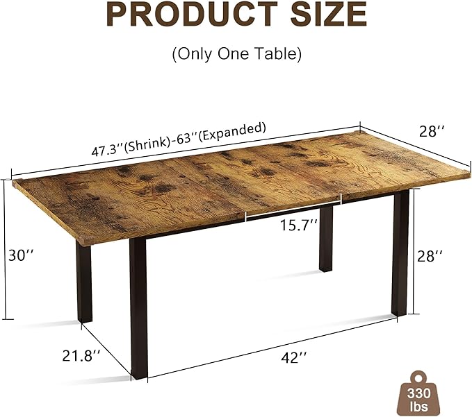 Extendable Dining Table for 4-6, 63" Modern Kitchen Table, Farmhouse Dining Room Tables for Dining, Kitchen, Office, Living Room, Rectangular Wooden Tables, Space Saving (Rustic Brown)