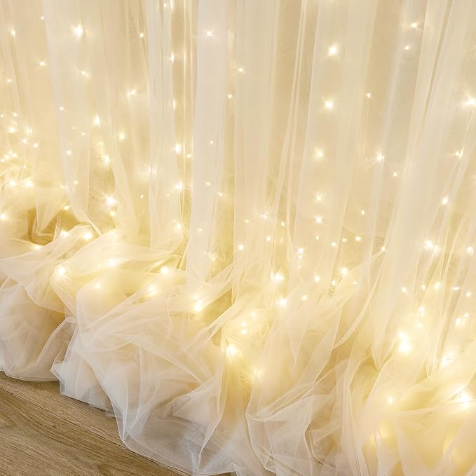 Champagne Tulle Photo Backdrop Curtain with Lights String for Parties Wedding Bridal Shower Sheer Champagne Curtain Backdrop for Birthday Baby Shower Photo Booth Photography 10ft x 8ft