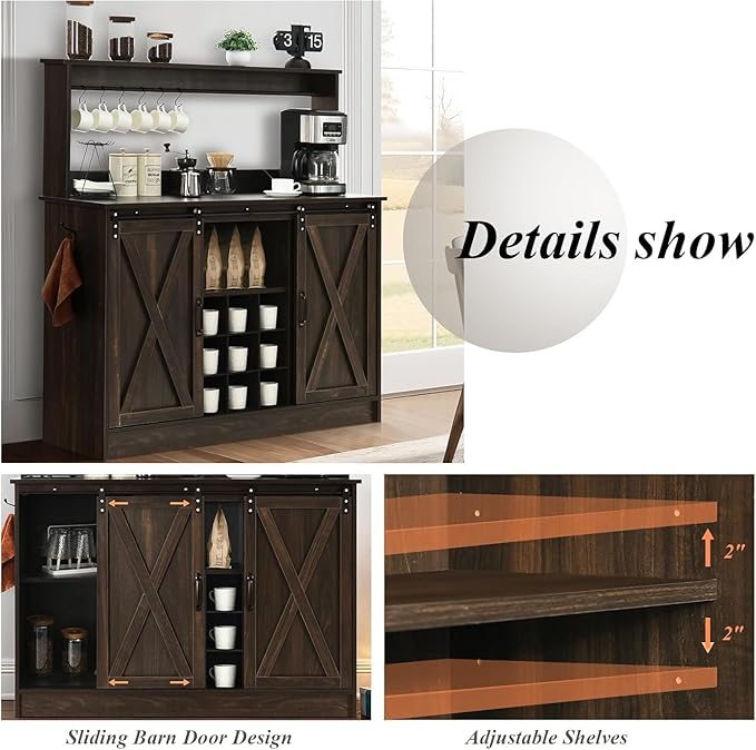 4ever2buy Farmhouse Coffee Bar Cabinet with 9 Wine Racks and 6 Hooks, 47 Inch Wine Cabinet with Storage, Kitchen Buffet Cabinet with Adjustable Shelves for Living Dining Room, Dark Oak