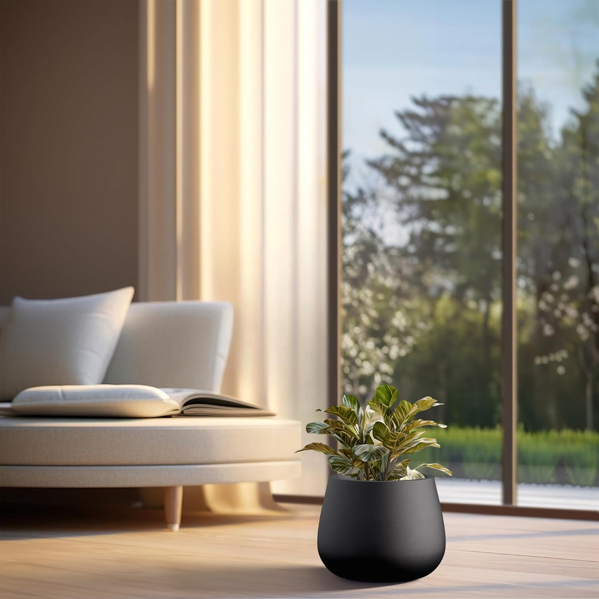 Kante Curva Series Planter, 10.2 Inch Round Concrete Flower Pot with Draiange Hole and Rubber Plug, Suitable for Indoor Plants, Home, Garden, Patio, Black