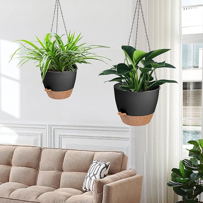 3 Pack Hanging Planter Indoor Outdoor Flower Pots 7/6.5/5 Inch, Self-Watering Hanging Pot with Drainage Holes Hanging Baskets Holder Plant Pots for Garden (Black)