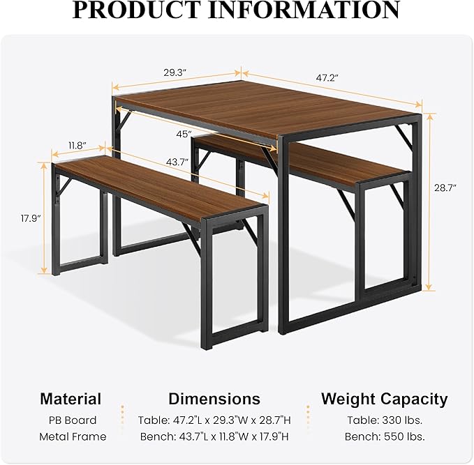 SHA CERLIN Kitchen Dining Table Set for 4 with Benches, Rustic Small Space Saving Dinette, Heavy Duty Metal Frame