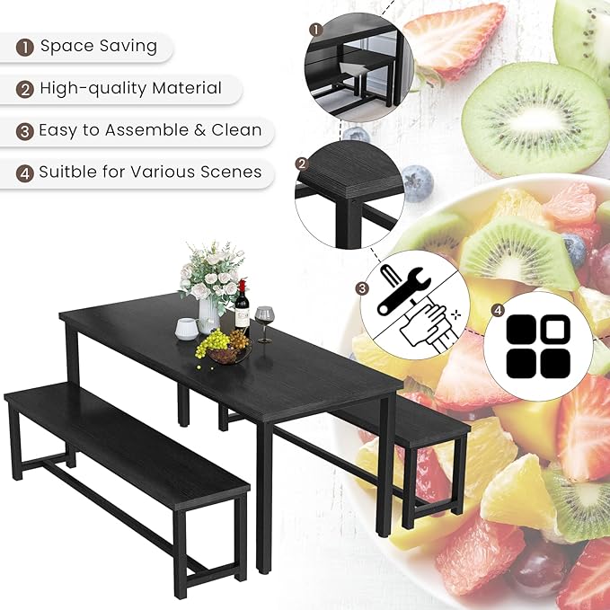 Recaceik Dining Room Table Set with 2 Benches, Kitchen Dining Table Set for 2-4 Person, Space Saving Kitchen Table and Chair Set with Metal Frame for Dining Room, Small Space, Breakfast Nook(Black)