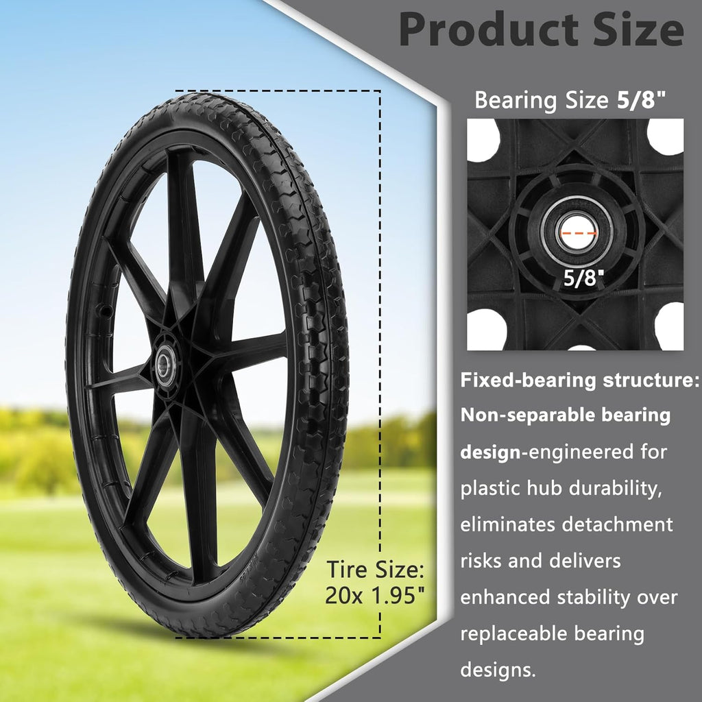Upgraded 20" Flat Free Wheels Compatible with rubbermaid Wheelbarrow Tires, 20" Flat Free Tires with 5/8" Bearings Replacement for rubbermaid Cart Wheels/Big Wheel Utility Carts(5/8" Bearings)