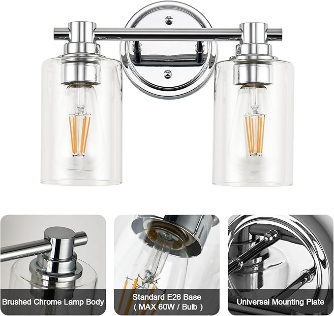 Bathroom Light Fixtures Wall Sconce Light with Clear Glass Chrome 2 Lights Bathroom Lighting Over Mirror Vanity Lights for Living Room,Bedroom,Restroom,Hallway E26 Base