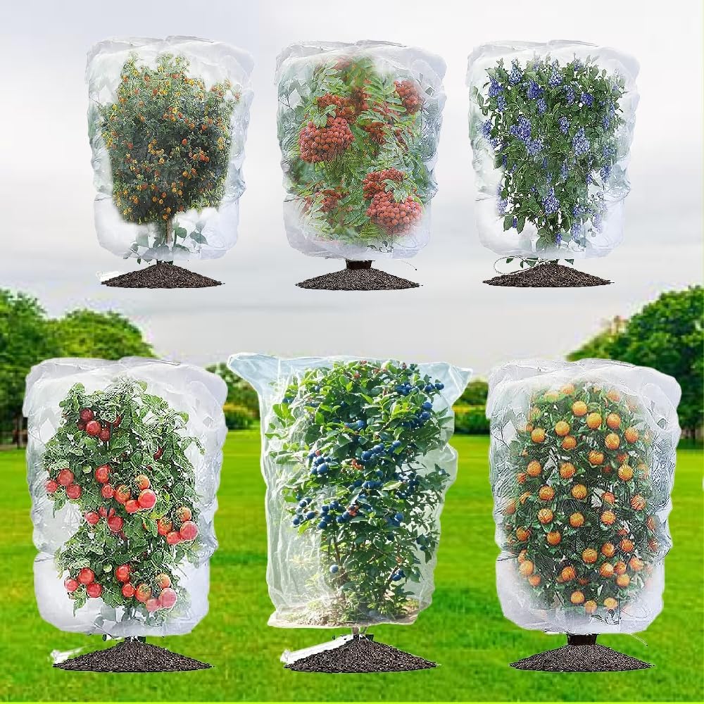 6Pcs 5x5.3ft Durable Garden Mesh Netting, Pest Barrier & Bird Net for Protect Fruit Tree Blueberry Bush, Reusable Insect Bag with Drawstring, Anti Animal Plant Cover from Deer,Squirrels