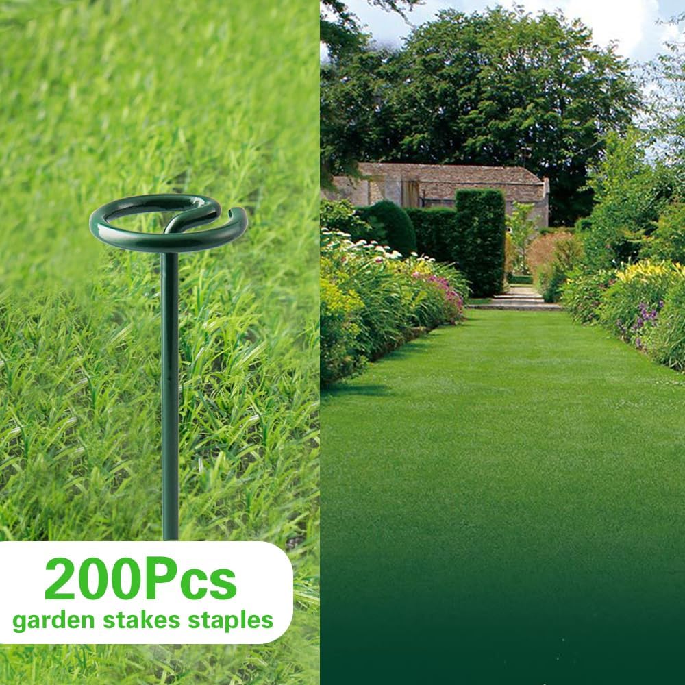 Bakulyor 200Pcs Circle Top Landscape Staples, 6 Inch Green Artificial Turf Stakes, 9 Gauge Landscape Fabric Pins, Heavy Duty Yard Lawn Spikes for Outdoor Soil Gardening Weed Barrier Sod Fabric - 6"