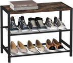 HOMEFORT 3-Tier Shoe Rack, Shoe Storage Shelf, Industrial Shoe Tower, Narrow Shoe Organizer for Closet Entryway, Small Shoe Rack Table with Durable Metal Shelves, Rustic Brown