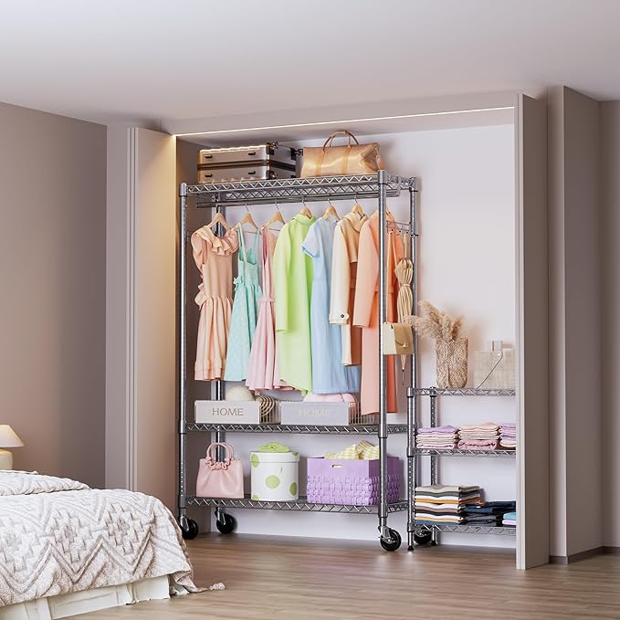 IZEUK Heavy Duty Garment Rack on Wheels, Rolling Freestanding Closet Organizer and Clothes Rack for Hanging Clothes with 1 Hang Rod, Adjustable Metal Wardrobe, 15.7" D x 45.3" W x 75.6" H, Chrome