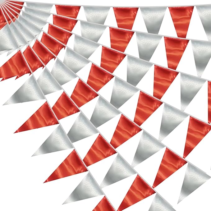 130FT Red Silver Triangle Pennant Banner Flag Metallic Fabric Bunting Garland for Christmas Graduation Wedding Engagement Anniversary Bachelorette Birthday Bridal Shower Valentines Hen Party Supplies