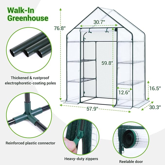 Ohuhu Small Greenhouse for Outdoors: 4 Tiers 6 Shelves Walk-in Indoor Green House Heavy Duty Plant Stands Reinforced Plastic PE Cover Mini Portable Warm House for Outside, 4.8x2.5x6.4 FT White