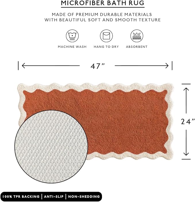 MONDAY MOOSE Bath Mat with Scalloped Wavy Ripple Design, Microfiber Absorbent Non Slip Tufted Rug for Floor, Shower or Kitchen (24x47 inch, Terracotta)