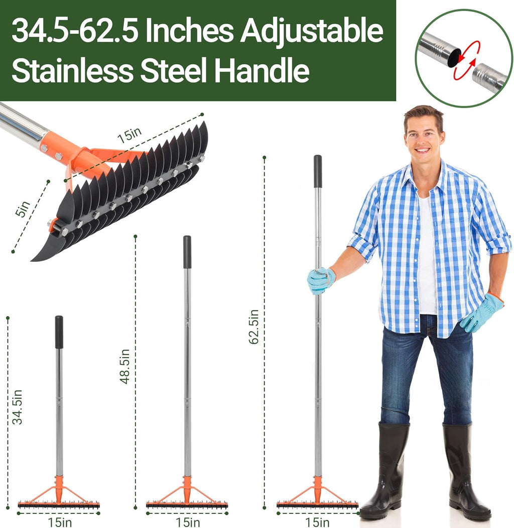 Thatch Rake for Lawns 18 Sharp Tempered Spring Steel Tines Dethatcher Rake Heavy Duty Dethatching Rakes with 62.5" Adjustable Stainless Steel Handle for Lawn Care，Dead Grass, Garden, Yard