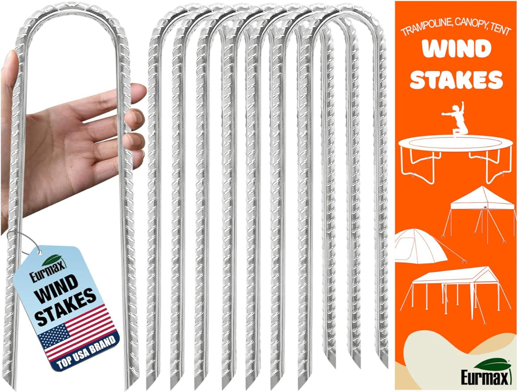 Eurmax USA Strong Trampoline Anchor Stake High Wind, Ground Anchors Heavy Duty, Tent Stakes,Trampoline Accessories, Swing Set Anchors, Ground Stakes, Pack of 8(Silver)