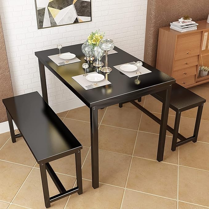 Recaceik 47” Dining Table Set with Benches, 3 Pieces Dining Room Table Set for 4, Wood Kitchen Table and Chair Set with Sturdy Frame, Space Saving Dinette Set for Breakfast Nook, Dining Room, Black