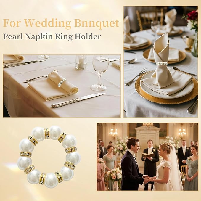 48 Pcs Gold Disposable Napkin Rings, Delicate Pearl Napkin Ring Holder, White & Golden Beaded Serviette Buckles for Formal Wedding Dinner Home Decor Party Supplies