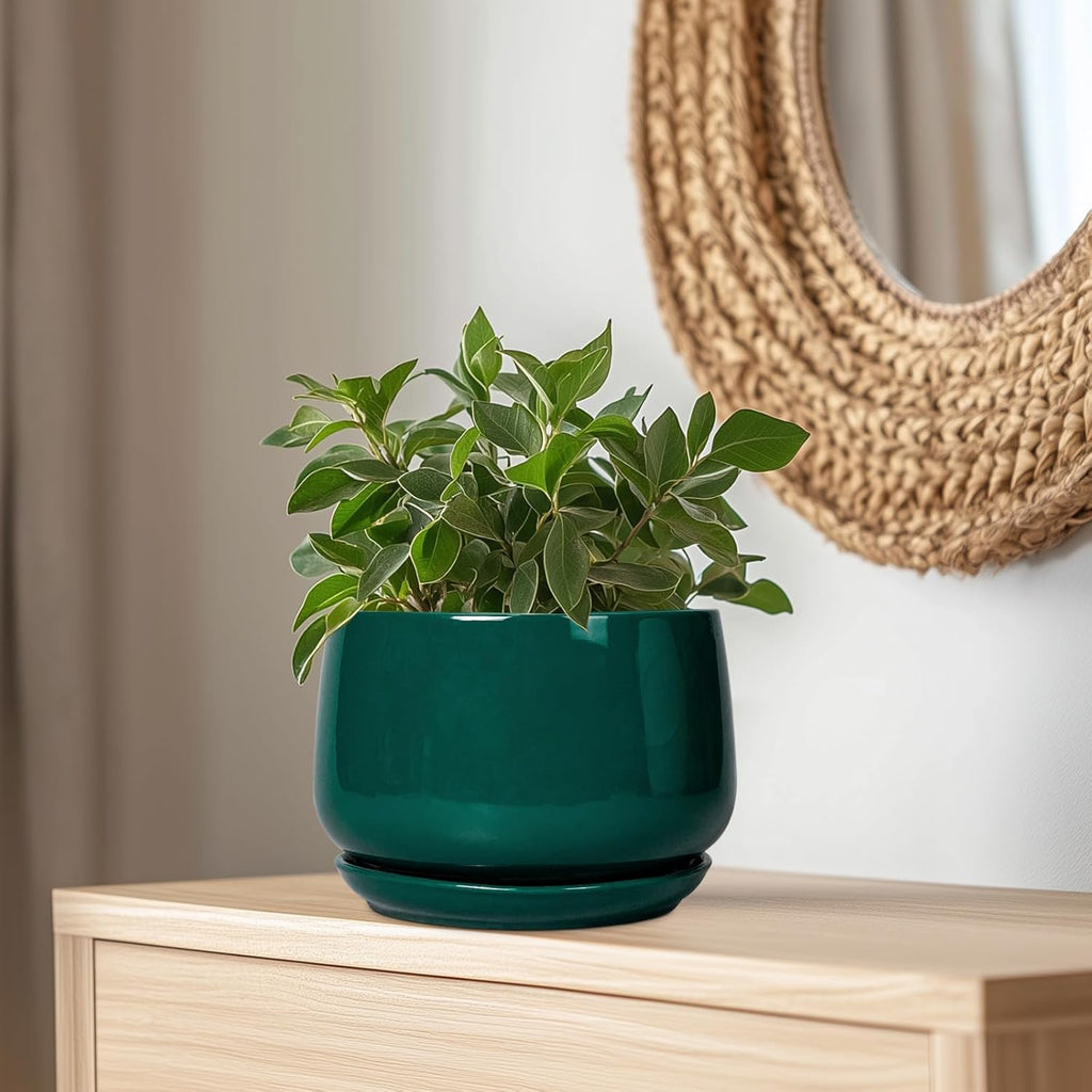 G EPGardening Ceramic Pots for Plants - 9 Inch Ceramic Planter for Indoor Plants, Round Planter with Drainage and Saucer, Modern Flower Pots for Outdoor, House Decor, Garden Gifts, Green
