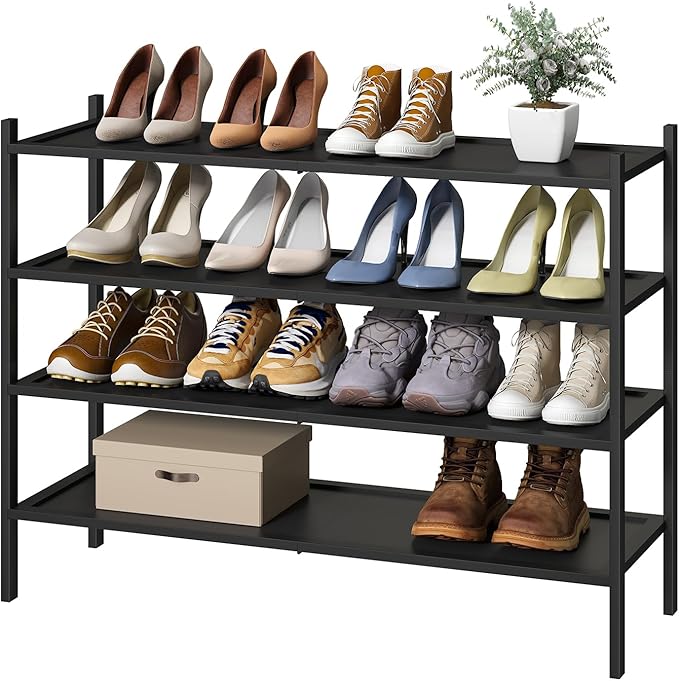 Black 4-Tier Bamboo Wood Shoe Rack, Stackable for Closet, Entryway & Hallway