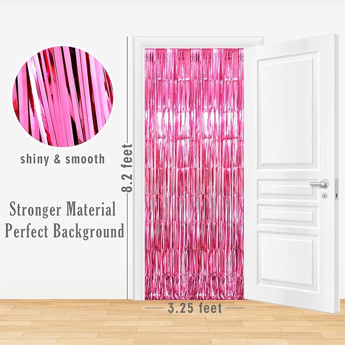 GOER 3.2 ft x 8.2 ft Metallic Tinsel Foil Fringe Curtains Party Photo Backdrop Party Streamers for Galentines Day,Birthday,Graduation,New Year Eve Decorations Wedding Decor (5 Packs,Hot Pink)