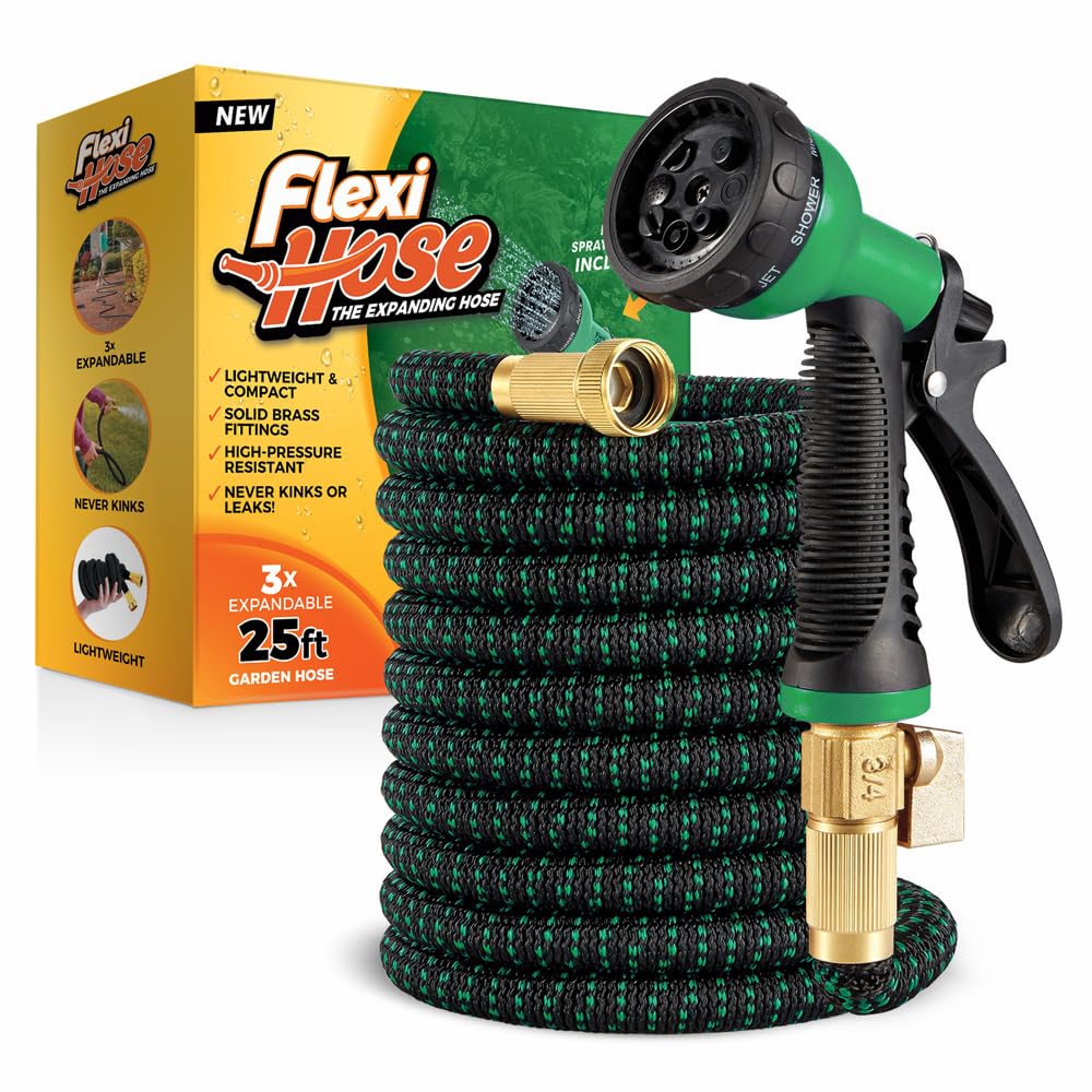 Flexi Hose with 8 Function Nozzle, 25FT - Lightweight Expandable Garden Hose, No-Kink Flexibility, 3/4 Inch Solid Brass Fittings and Double Latex Core - Black and Green