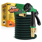 Flexi Hose with 8 Function Nozzle, 25FT - Lightweight Expandable Garden Hose, No-Kink Flexibility, 3/4 Inch Solid Brass Fittings and Double Latex Core - Black and Green