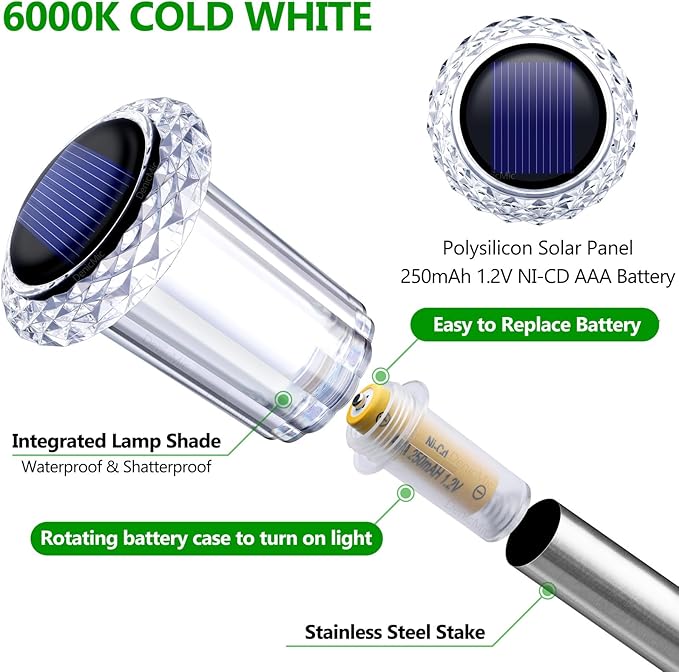 DenicMic Solar Lights Outdoor 15 Pack Waterproof 6000K Cold White LED Stainless Steel Stake for Pathway Yard Garden Driveway Solar Powered Outside Decor