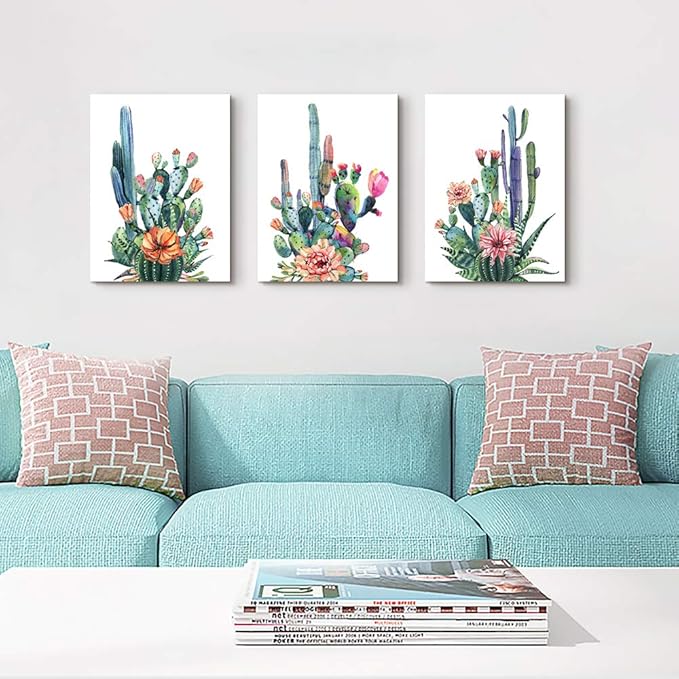 Wall Art for living room Canvas Prints Artwork bathroom Wall Decor Simple Life Green plants cactus Picture Watercolor painting 3 Pieces Framed bedroom wall decorations Office Works Home Decoration