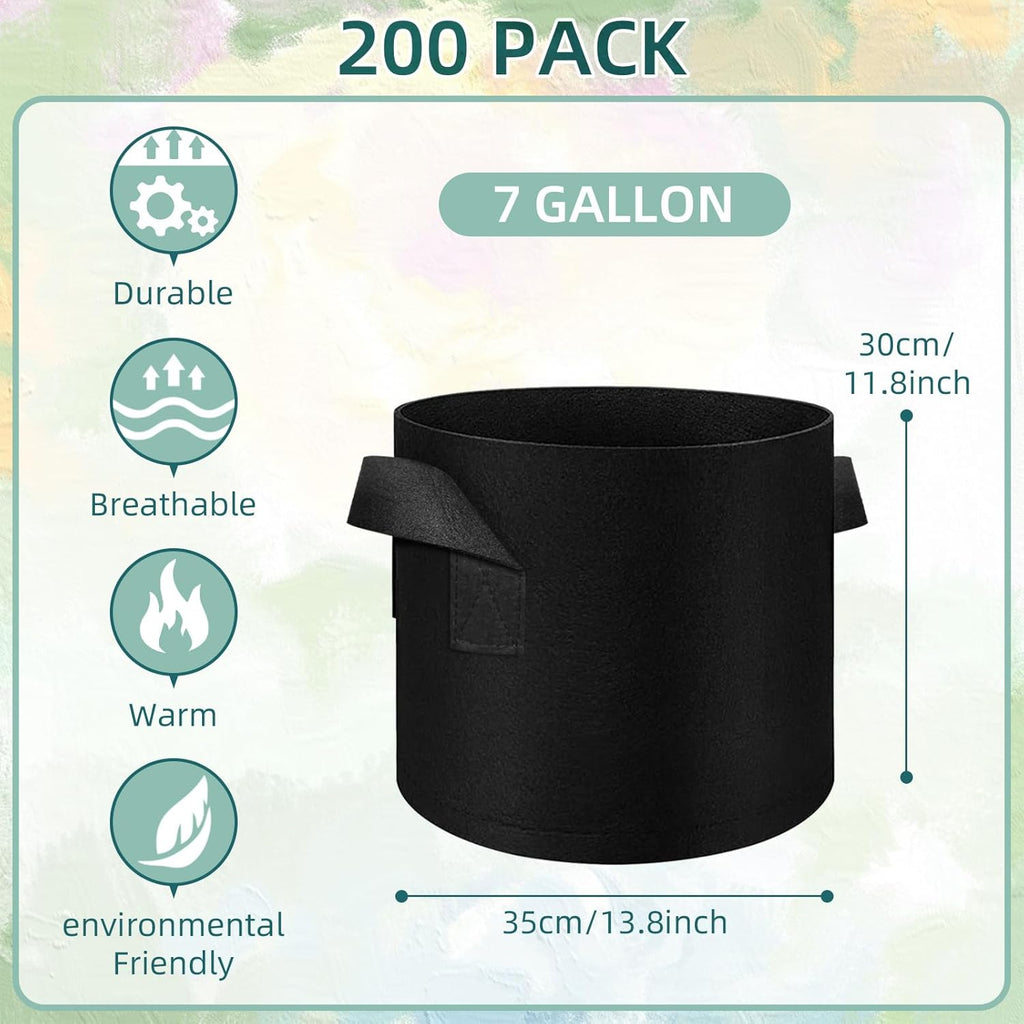 200 Pack 7 Gallons Grow Bags, Non-Woven Fabric Pots Plant Bags, Plant Grow Bags with Handles, Garden Plant Bags for Potatoes, Carrots, Tomatoes and Other Vegetable,Fruits