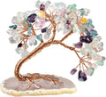 TUMBEELLUWA Reiki Crystal Money Tree with Agate Slice Base Feng Shui Stone Bonsai Tree Figure Decor for Happiness Good Luck and Wealth, Fluorite