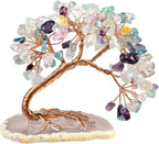 TUMBEELLUWA Reiki Crystal Money Tree with Agate Slice Base Feng Shui Stone Bonsai Tree Figure Decor for Happiness Good Luck and Wealth, Fluorite